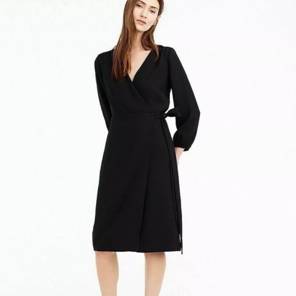 J Crew Women Size 0 Long Sleeve V Neck Wrap Dress Black Capsule Wardrobe Classic